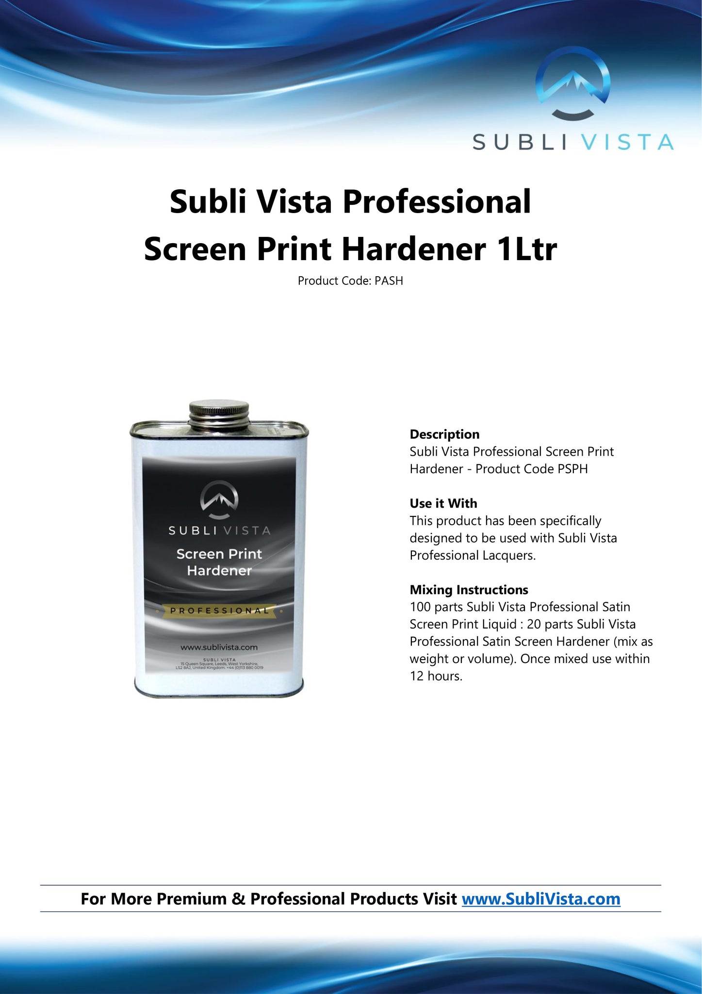 Subli Vista Professional Screen Print Base Sublimation Hardener Liquid 1 Litre
