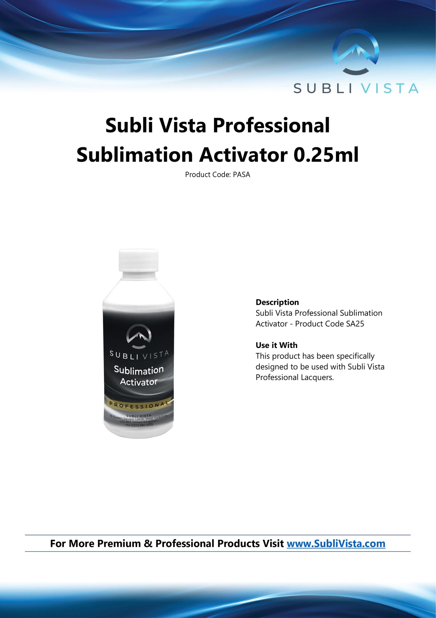 Subli Vista Professional Sublimation Activator Liquid 250ml